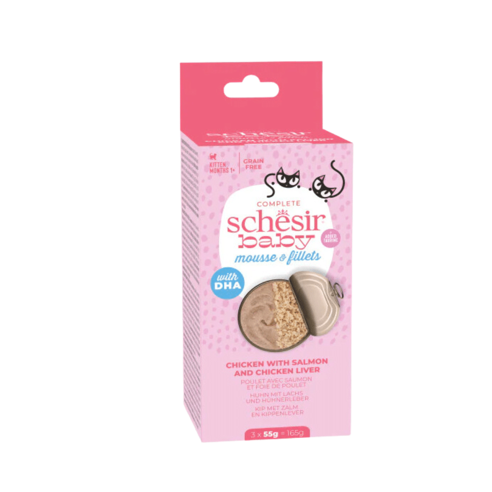 SCHESIR CHICKEN WITH SALMON AND CHICKEN LIVER MOUSSE E FILLETS 3X55G IN CAN